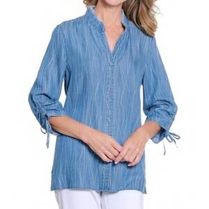 NEW MULTIPLES printed woven shirt with drawstring sleeves in denim print